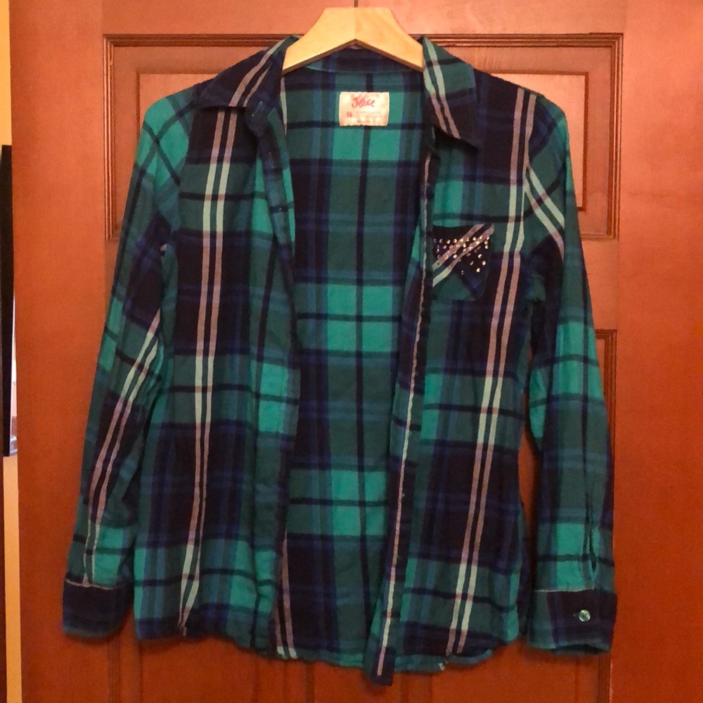 Justice blue and green plaid, size 16